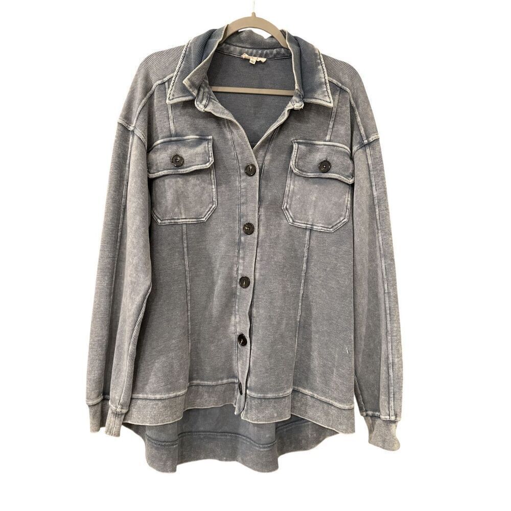 Easel Women's Washed Button Front Double Collar Shirt Jacket Blue Gray Large